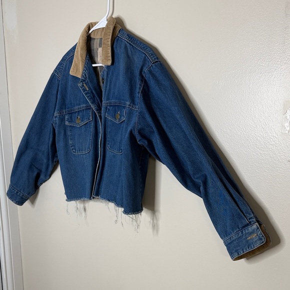 Made in USA Denim Jacket Corduroy Collar Cuffs Women’s Large Cropped Size L - Picture 2 of 16